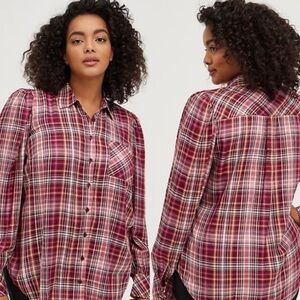 Torrid Milly Puff Sleeve Purple & Pink Plaid‎ Long Sleeve Button Up Shirt 2X